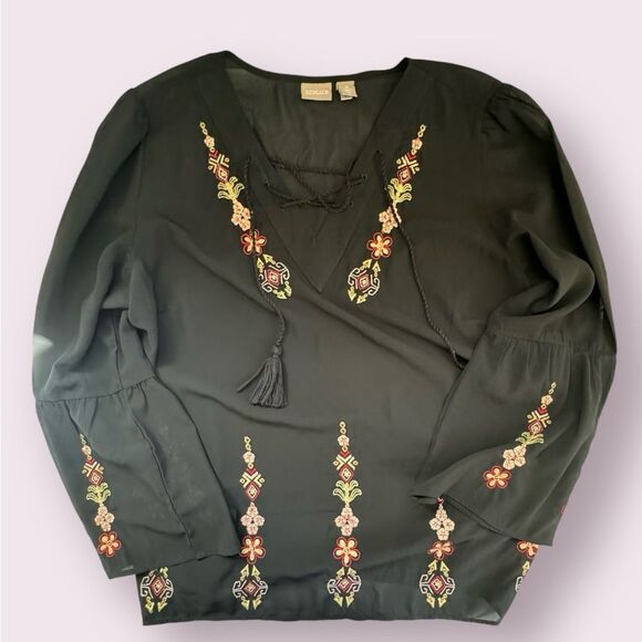 Chicos V-neck embroidered tunic black tassels size XL/16 - Picture 3 of 10